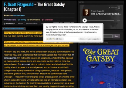 Screen shot of the first chapter of "The Great Gatsby" by F. Scoot Fitzgerald, with an example annotation and the cover of the novel.