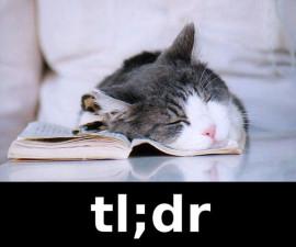 Kitten sleeping on a book with TL; DR written at the bottom
