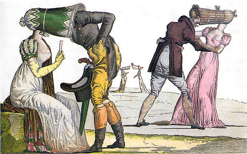 Satirical image of eighteenth-century women in over-large bonnets