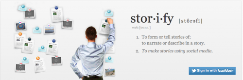 A man pins pages to a white wall. To his right, "Storify" is defined.