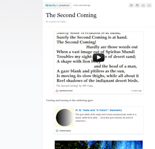 Screenshot of Storify page, with YouTube video of "The Second Coming"