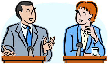 Two debaters at podiums smile at one another