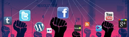 Social media logos juxtaposed with solidarity fists