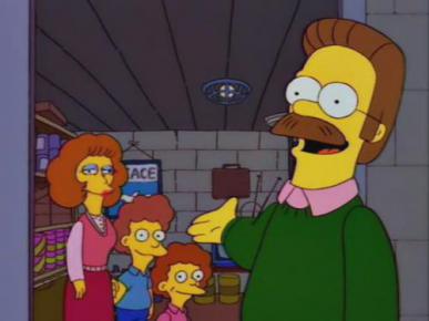 Ned Flanders invites the town into his bomb shelter. 
