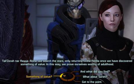 Three characters converse using the dialogue wheel in Mass Effect One
