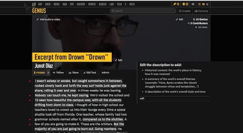 A page from Rapgenius, now called Genius, that includes an excerpt from Junot Diaz's Drown annotated by my students and a portrait of the author.