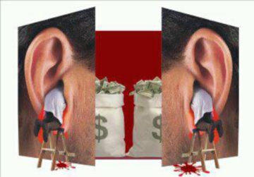 A doctor's body inside large, bleeding ears with large money bags against a blood-red backdrop seen behind the mirror images of the enlarged close up of a man's ears.