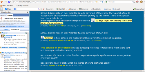 Screenshot of Diigo sidebar listing comments & annotations along side webpage with highlighted text