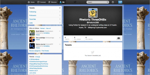 A screenshot of a twitter page. The tiled background is a blue textbook with a white greek column.
